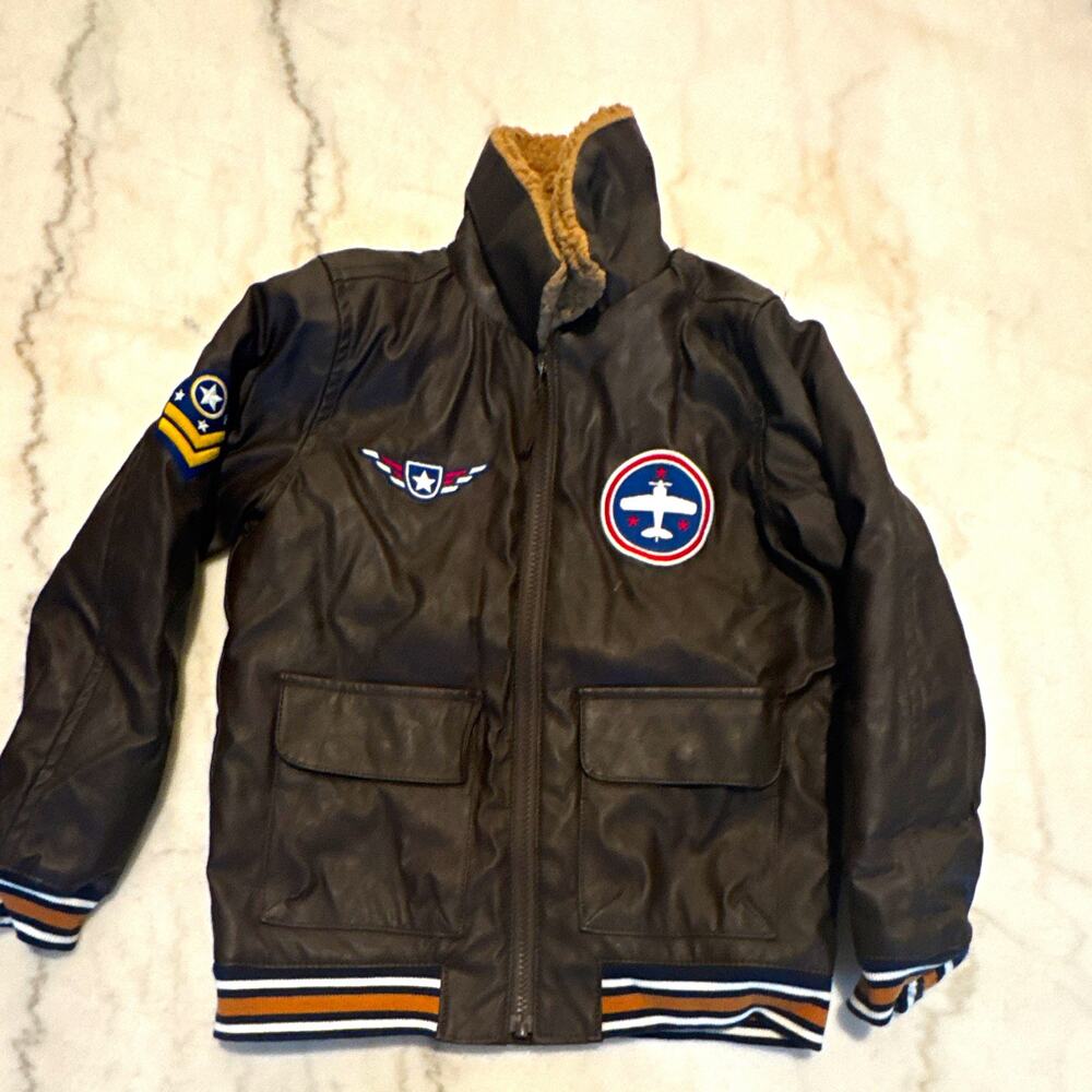 Gyombree Unisex Kids Brown Leather Bomber Jacket Sz 6 Zip Aviation Patches 0122x